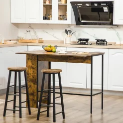 Table de bar extensible design industriel - 3 étagères intégrées - châssis métal noir aspect bois vieilli