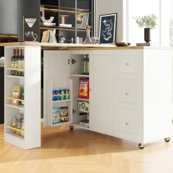 Table de bar extensible pivotante - meuble bar moderne avec 3 tiroirs et support à snacks, blanc, MDF, 138-209x39x104 cm