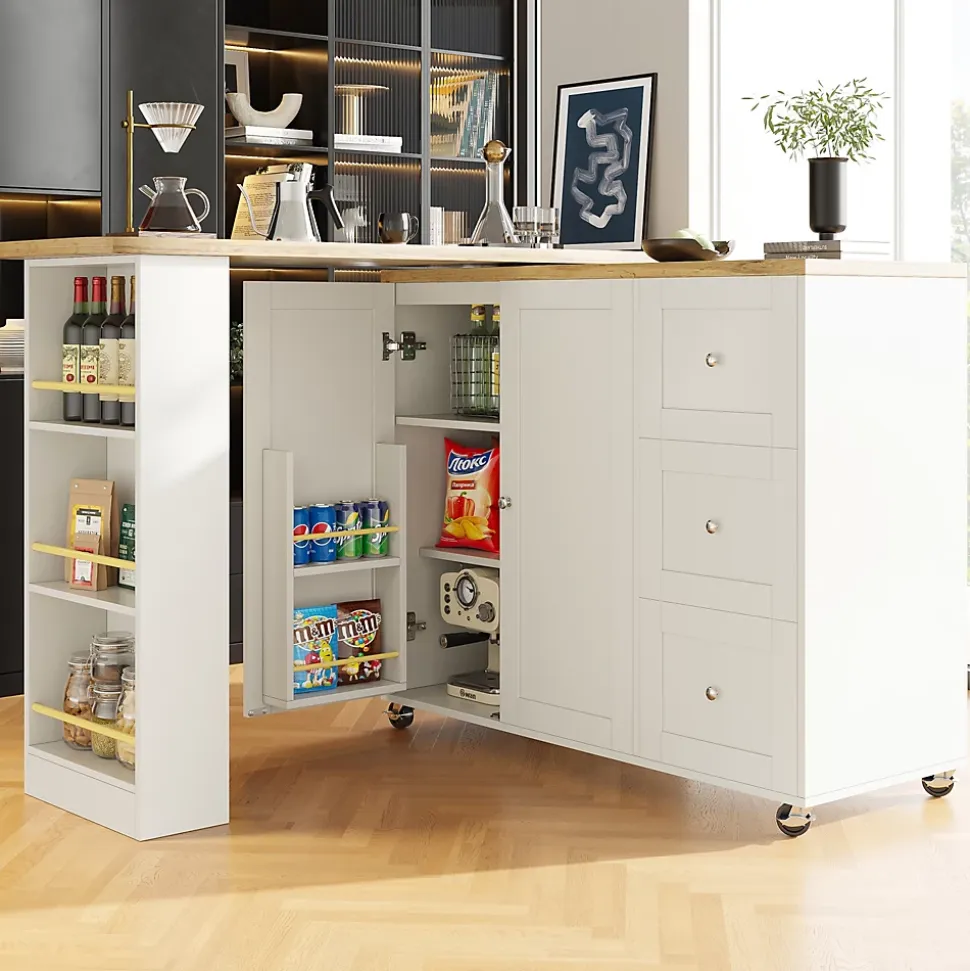Table de bar extensible pivotante - meuble bar moderne avec 3 tiroirs et support à snacks, blanc, MDF, 138-209x39x104 cm