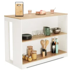 Table de bar îlot JUNO bois blanc et plateau façon hêtre