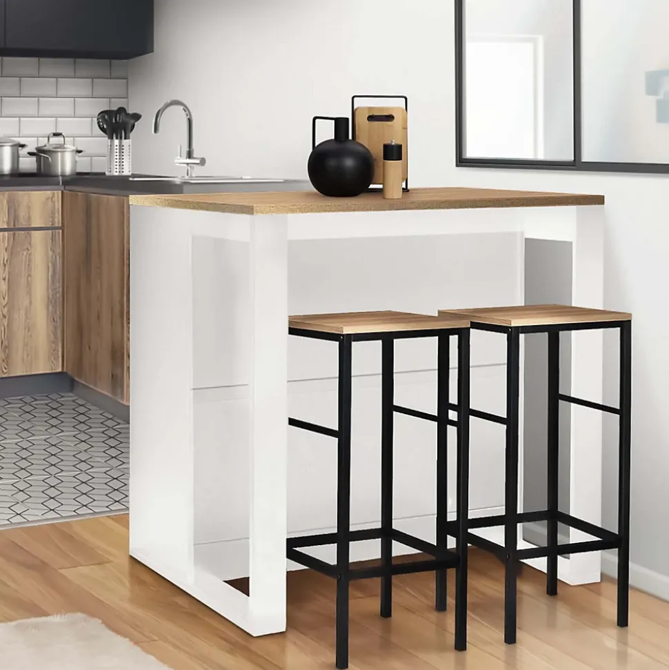 Table de bar îlot JUNO bois blanc et plateau façon hêtre