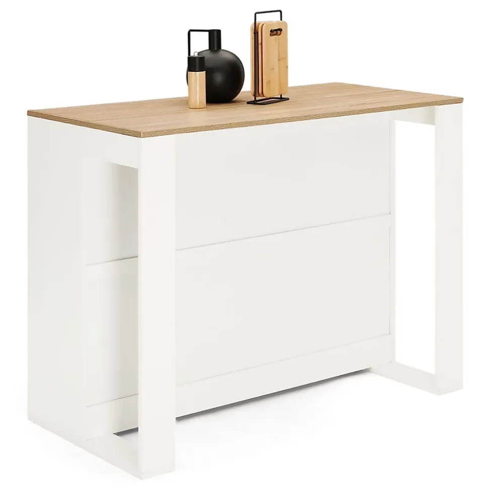 Table de bar îlot JUNO bois blanc et plateau façon hêtre
