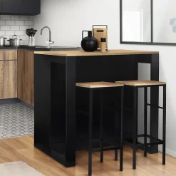 Table de bar îlot JUNO bois noir et plateau façon hêtre