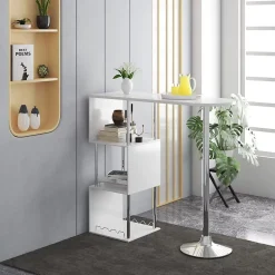 Table de Bar Métal + Bois Blanc Rangement Etageres Espace Vin Cuisine