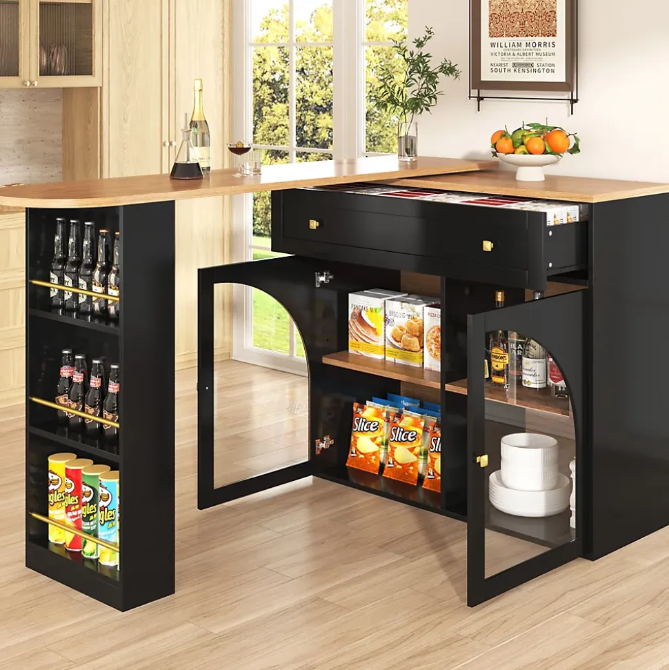 Table de Bar Pivotante - Meuble de Rangement Moderne - à Complète Rotatif, 3 Étagères Latérales, MDF - Noir, 138-204x39x104 cm