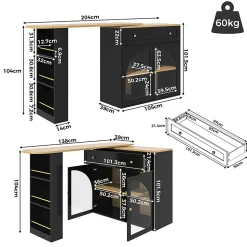 Table de Bar Pivotante - Meuble de Rangement Moderne - à Complète Rotatif, 3 Étagères Latérales, MDF - Noir, 138-204x39x104 cm