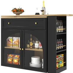 Table de Bar Pivotante - Meuble de Rangement Moderne - à Complète Rotatif, 3 Étagères Latérales, MDF - Noir, 138-204x39x104 cm