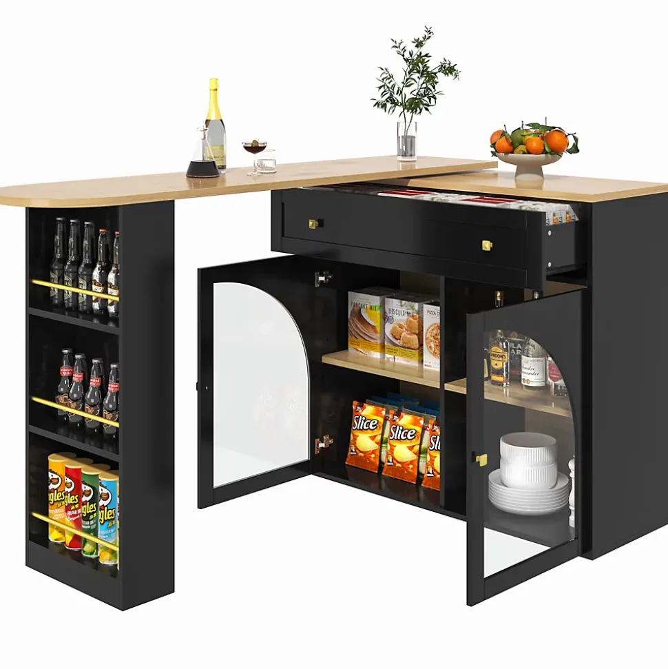 Table de Bar Pivotante - Meuble de Rangement Moderne - à Complète Rotatif, 3 Étagères Latérales, MDF - Noir, 138-204x39x104 cm