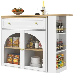 Table de Bar Pivotante - Meuble de Rangement Moderne - à Complète Rotatif, 3 Étagères Latérales, MDF - Blanc, 138-204x39x104 cm