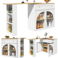 Table de Bar Pivotante - Meuble de Rangement Moderne - à Complète Rotatif, 3 Étagères Latérales, MDF - Blanc, 138-204x39x104 cm