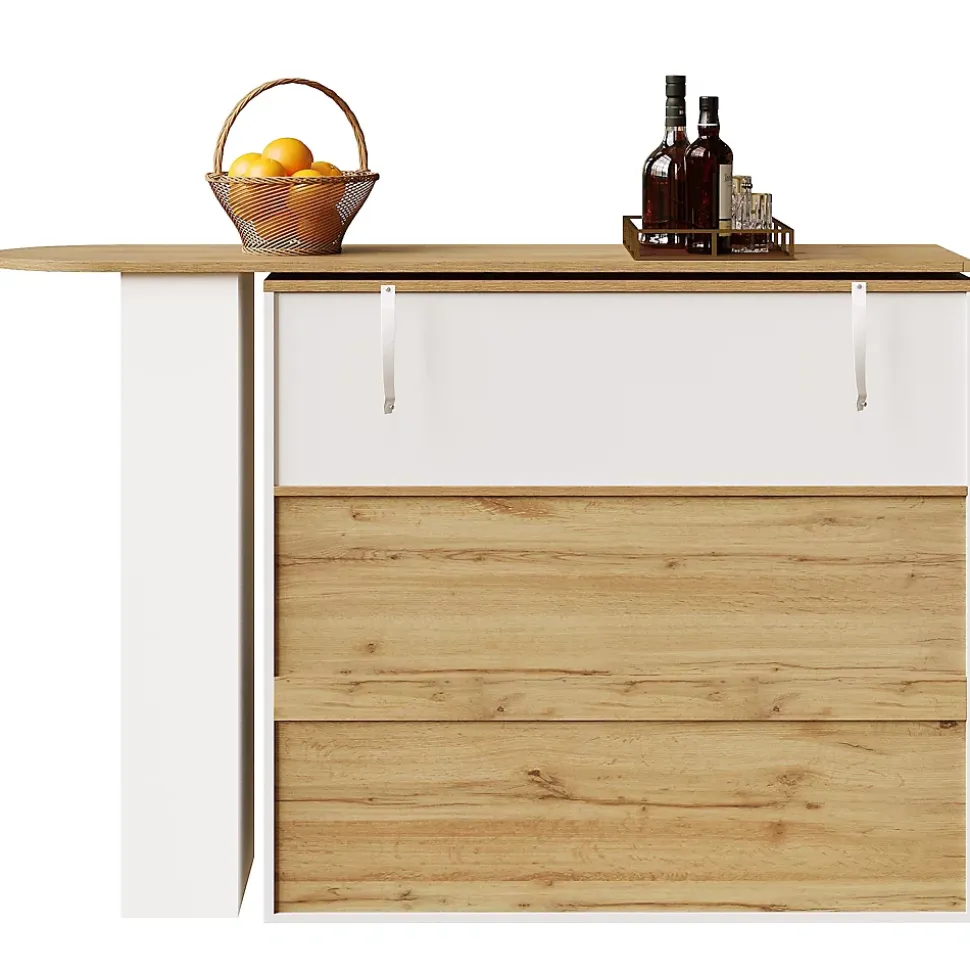 Table de bar pivotante avec 2 tiroirs et étagères, buffet de cuisine moderne MDF blanc 138-204x39x104 cm
