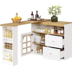 Table de bar pivotante avec 2 tiroirs et étagères, buffet de cuisine moderne MDF blanc 138-204x39x104 cm