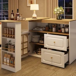 Table de bar pivotante avec 2 tiroirs et étagères, buffet de cuisine moderne MDF blanc 138-204x39x104 cm