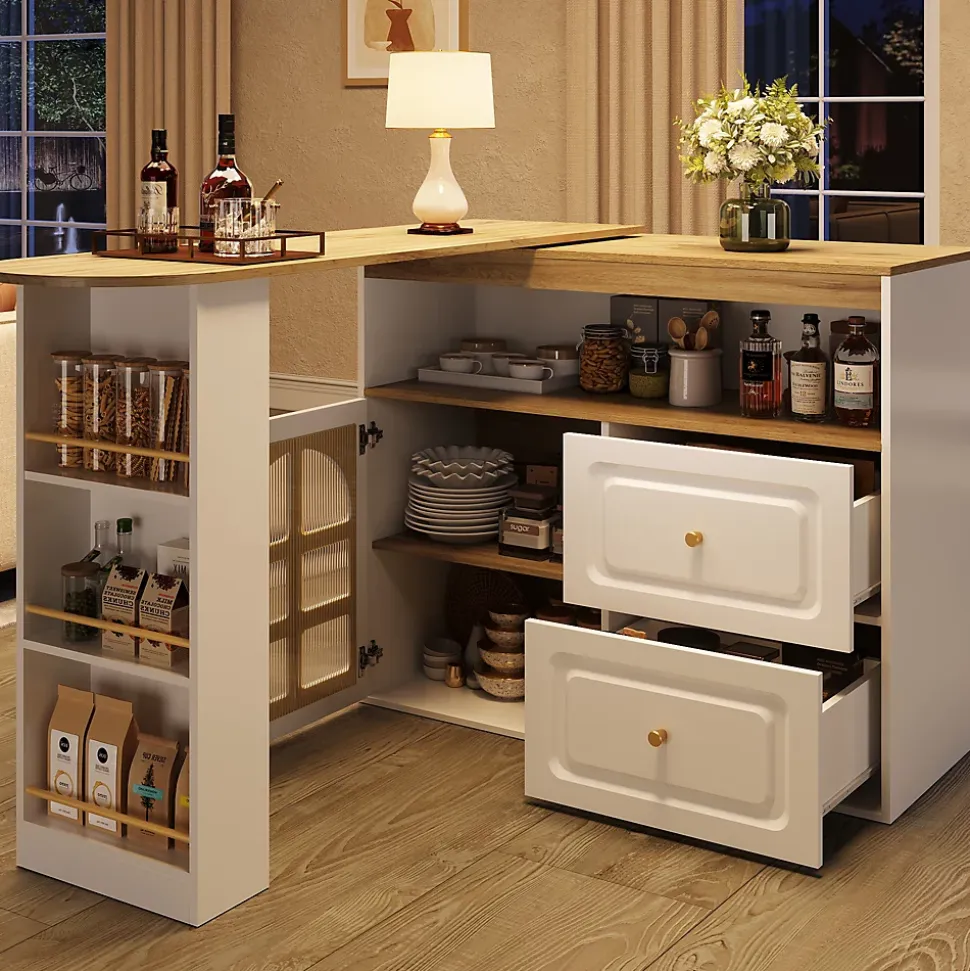 Table de bar pivotante avec 2 tiroirs et étagères, buffet de cuisine moderne MDF blanc 138-204x39x104 cm