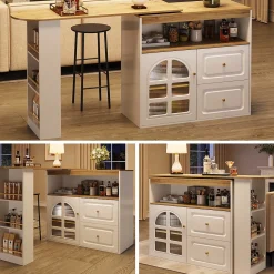 Table de bar pivotante avec 2 tiroirs et étagères, buffet de cuisine moderne MDF blanc 138-204x39x104 cm