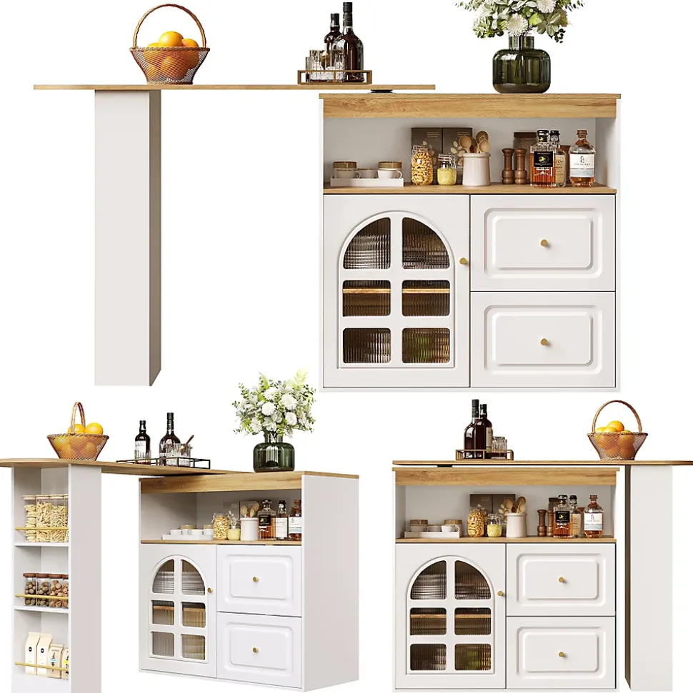 Table de bar pivotante avec 2 tiroirs et étagères, buffet de cuisine moderne MDF blanc 138-204x39x104 cm
