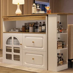Table de bar pivotante avec 2 tiroirs et étagères, buffet de cuisine moderne MDF blanc 138-204x39x104 cm