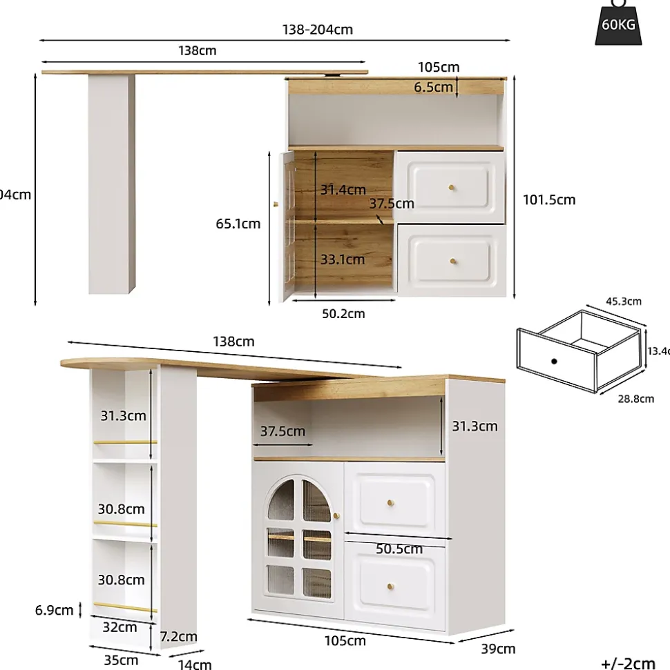 Table de bar pivotante avec 2 tiroirs et étagères, buffet de cuisine moderne MDF blanc 138-204x39x104 cm