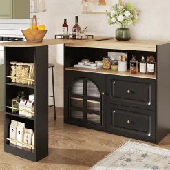 Table de bar pivotante avec 2 tiroirs et étagères, buffet de cuisine moderne MDF noir 138-204x39x104 cm