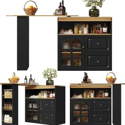 Table de bar pivotante avec 2 tiroirs et étagères, buffet de cuisine moderne MDF noir 138-204x39x104 cm