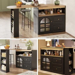 Table de bar pivotante avec 2 tiroirs et étagères, buffet de cuisine moderne MDF noir 138-204x39x104 cm