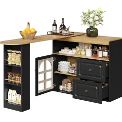 Table de bar pivotante avec 2 tiroirs et étagères, buffet de cuisine moderne MDF noir 138-204x39x104 cm