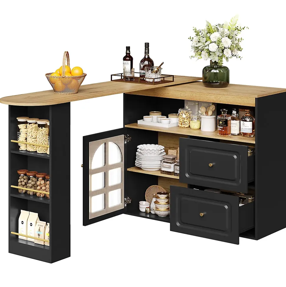 Table de bar pivotante avec 2 tiroirs et étagères, buffet de cuisine moderne MDF noir 138-204x39x104 cm