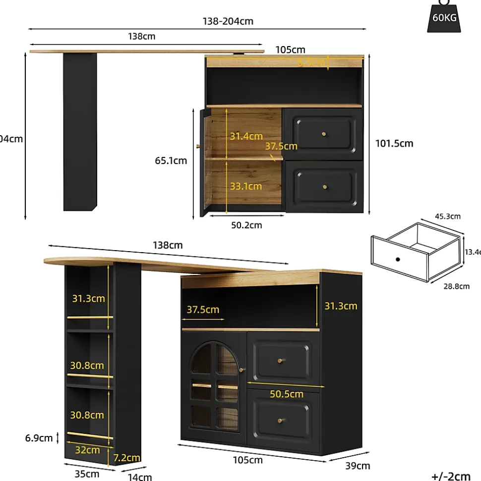 Table de bar pivotante avec 2 tiroirs et étagères, buffet de cuisine moderne MDF noir 138-204x39x104 cm