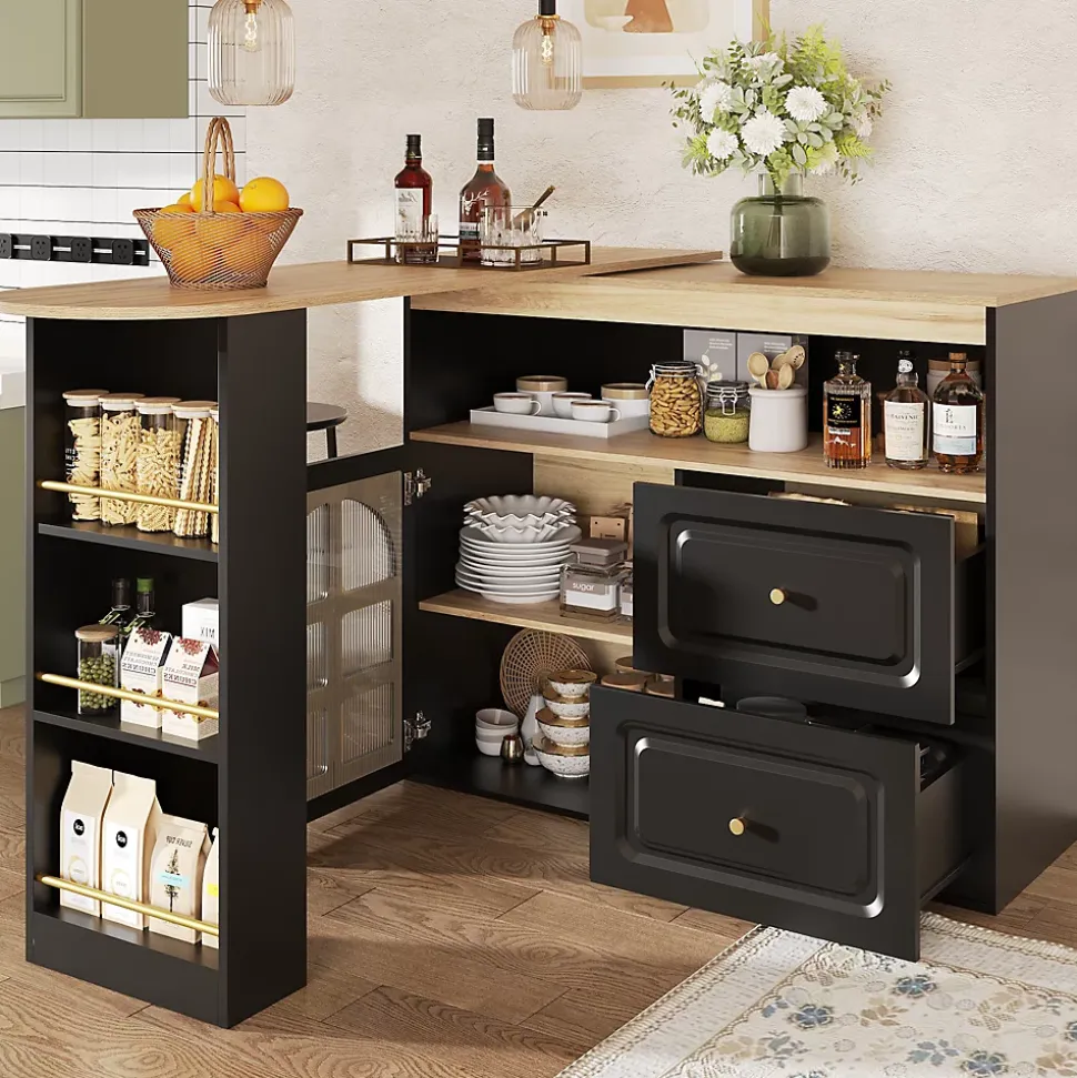 Table de bar pivotante avec 2 tiroirs et étagères, buffet de cuisine moderne MDF noir 138-204x39x104 cm