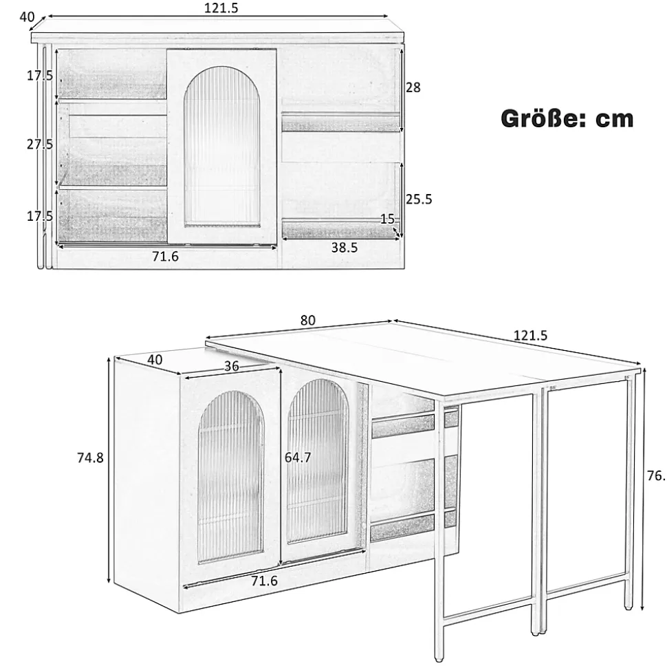 Table de Bar Pivotante avec Rangements Intégrés,Transformable en Table à Manger, Portes Vitrées - Blanc - 121x40x74.8 cm