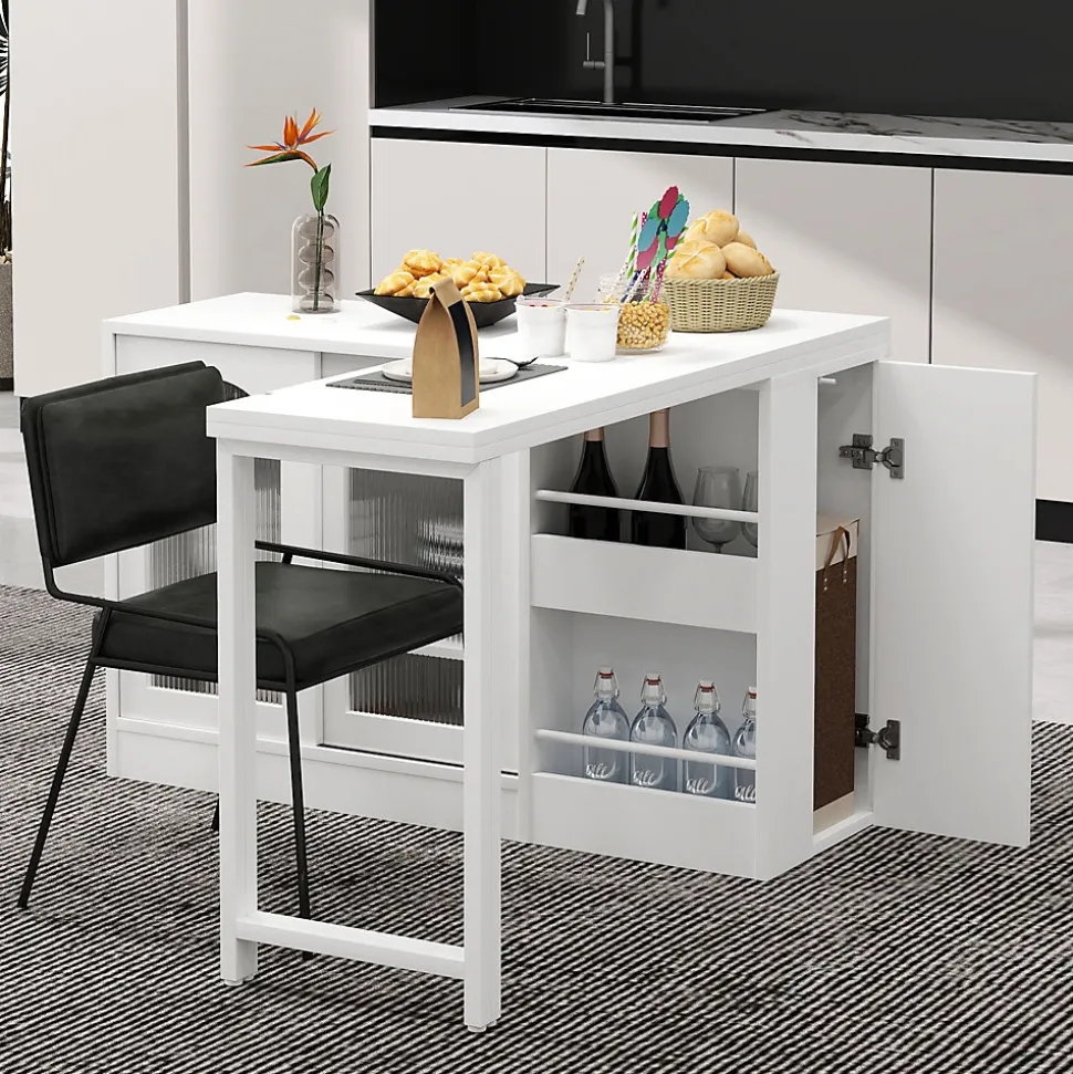 Table de Bar Pivotante avec Rangements Intégrés,Transformable en Table à Manger, Portes Vitrées - Blanc - 121x40x74.8 cm