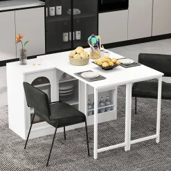 Table de Bar Pivotante avec Rangements Intégrés,Transformable en Table à Manger, Portes Vitrées - Blanc - 121x40x74.8 cm