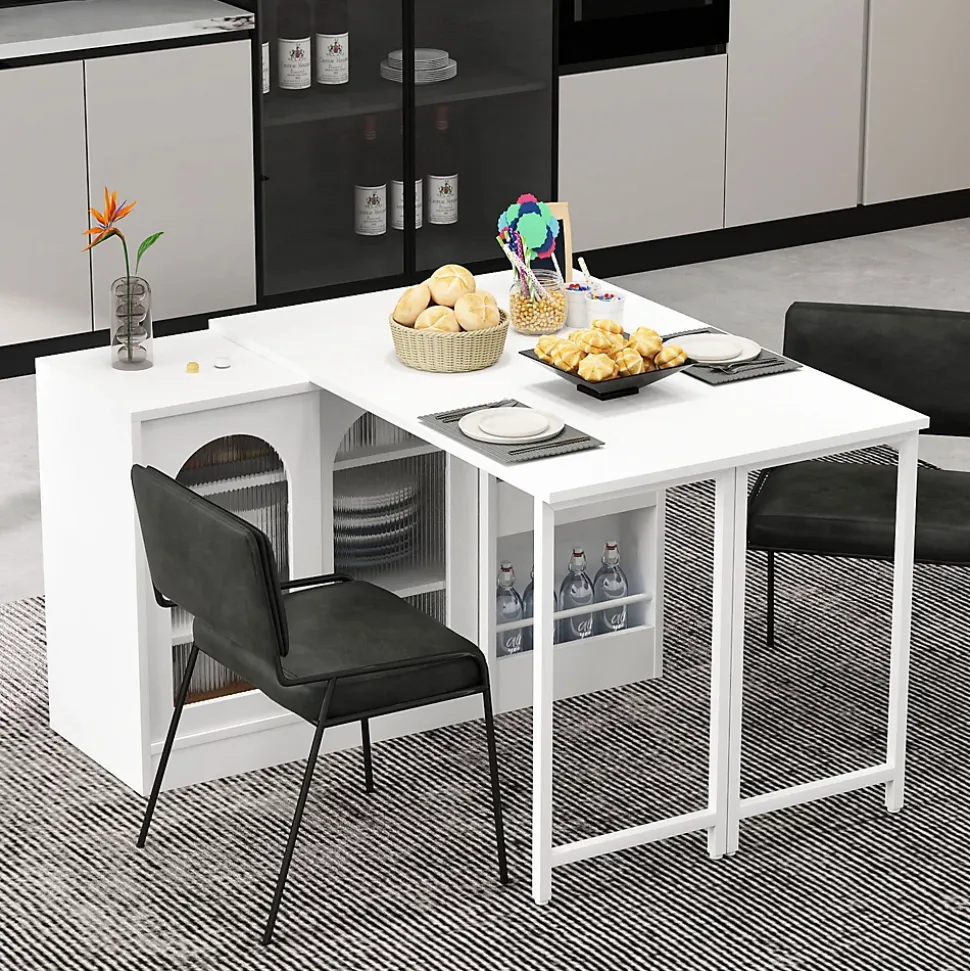 Table de Bar Pivotante avec Rangements Intégrés,Transformable en Table à Manger, Portes Vitrées - Blanc - 121x40x74.8 cm