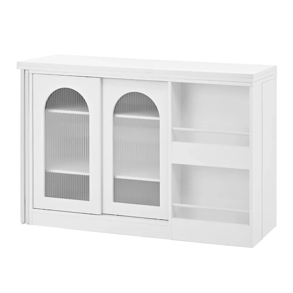 Table de Bar Pivotante avec Rangements Intégrés,Transformable en Table à Manger, Portes Vitrées - Blanc - 121x40x74.8 cm
