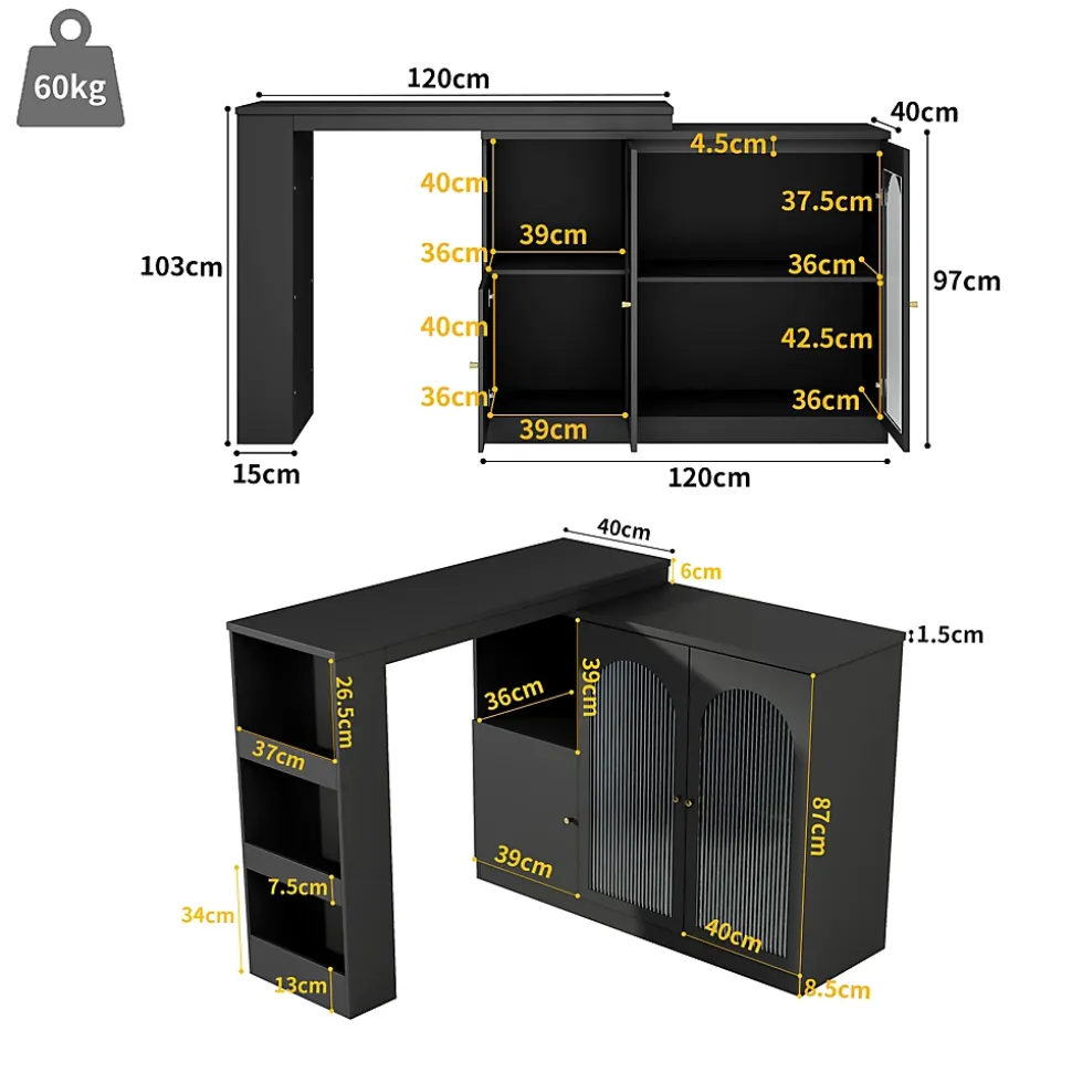 Table de Bar Pivotante avec Rangement Latéral et Vitrine en Verre Cannelé, Moderne pour Cuisine et Salon, MDF, Noir, 120x40x97 cm