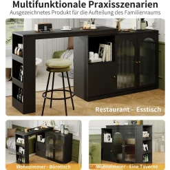 Table de Bar Pivotante avec Rangement Latéral et Vitrine en Verre Cannelé, Moderne pour Cuisine et Salon, MDF, Noir, 120x40x97 cm