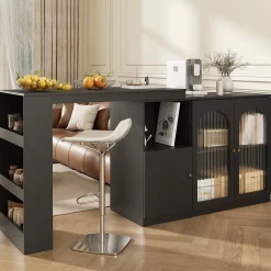 Table de Bar Pivotante avec Rangement Latéral et Vitrine en Verre Cannelé, Moderne pour Cuisine et Salon, MDF, Noir, 120x40x97 cm