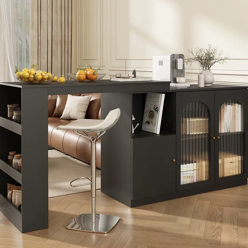 Table de Bar Pivotante avec Rangement Latéral et Vitrine en Verre Cannelé, Moderne pour Cuisine et Salon, MDF, Noir, 120x40x97 cm