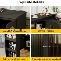 Table de Bar Pivotante avec Rangement Latéral et Vitrine en Verre Cannelé, Moderne pour Cuisine et Salon, MDF, Noir, 120x40x97 cm