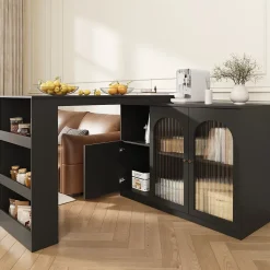 Table de Bar Pivotante avec Rangement Latéral et Vitrine en Verre Cannelé, Moderne pour Cuisine et Salon, MDF, Noir, 120x40x97 cm