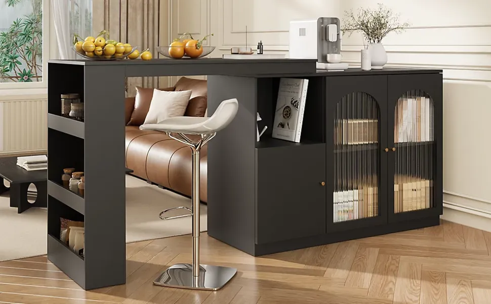 Table de Bar Pivotante avec Rangement Latéral et Vitrine en Verre Cannelé, Moderne pour Cuisine et Salon, MDF, Noir, 120x40x97 cm