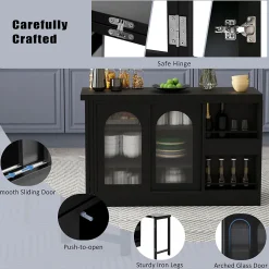 Table de Bar Pivotante avec Rangements Intégrés,Transformable en Table à Manger, Portes Vitrées - Noir - 121x40x74.8 cm