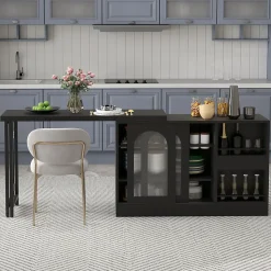 Table de Bar Pivotante avec Rangements Intégrés,Transformable en Table à Manger, Portes Vitrées - Noir - 121x40x74.8 cm