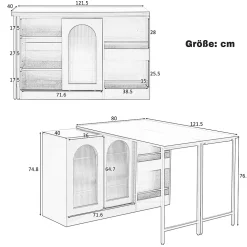 Table de Bar Pivotante avec Rangements Intégrés,Transformable en Table à Manger, Portes Vitrées - Noir - 121x40x74.8 cm