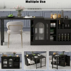 Table de Bar Pivotante avec Rangements Intégrés,Transformable en Table à Manger, Portes Vitrées - Noir - 121x40x74.8 cm
