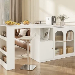 Table de Bar Pivotante Moderne avec Vitrine en Verre Cannelé et Rangement Latéral, Meuble Bar Blanc, MDF, 120x40x97 cm