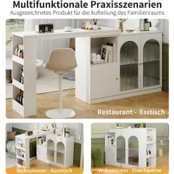 Table de Bar Pivotante Moderne avec Vitrine en Verre Cannelé et Rangement Latéral, Meuble Bar Blanc, MDF, 120x40x97 cm