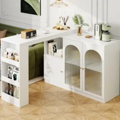 Table de Bar Pivotante Moderne avec Vitrine en Verre Cannelé et Rangement Latéral, Meuble Bar Blanc, MDF, 120x40x97 cm