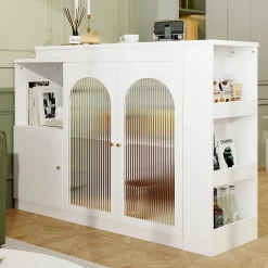 Table de Bar Pivotante Moderne avec Vitrine en Verre Cannelé et Rangement Latéral, Meuble Bar Blanc, MDF, 120x40x97 cm