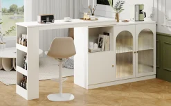 Table de Bar Pivotante Moderne avec Vitrine en Verre Cannelé et Rangement Latéral, Meuble Bar Blanc, MDF, 120x40x97 cm